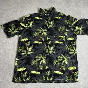Puritan Men Button Up Shirt M Black Palm Tree Hawaiin Print Short Sleeve Collar